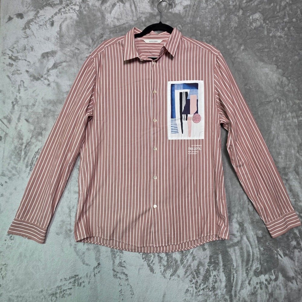 Jack & Jones Mens Matti Striped Graphic Patch Button Up Shirt Rose Pink Large